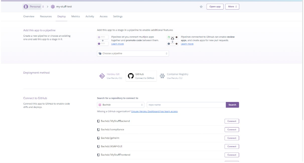 Auswahl der Deployment-Methode mit GitHub